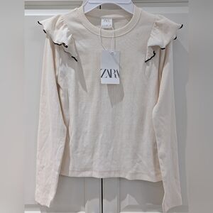 2/$40 ZARA Girls Ribbed Top 11-12 Cream Ruffle Shoulder Long Sleeve NWT